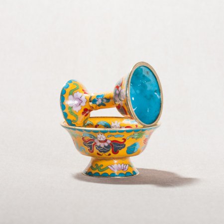 Buddhist cloisonne Serkyem offering set, tiny size, yellow color : buy from our Tibetan ritual goods collection — DharmaCraft